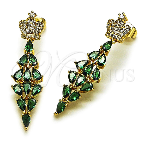 Oro Laminado Long Earring, Gold Filled Style Crown and Teardrop Design, with Green and White Cubic Zirconia, Polished, Golden Finish, 02.282.0114.2