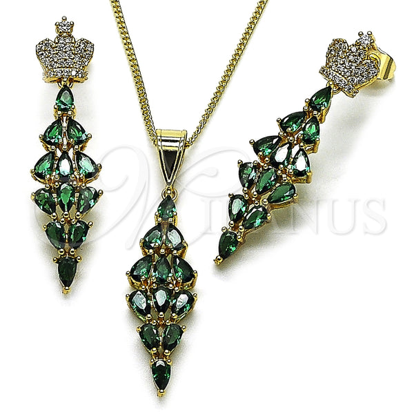 Oro Laminado Earring and Pendant Adult Set, Gold Filled Style Crown and Teardrop Design, with Green and White Cubic Zirconia, Polished, Golden Finish, 10.282.0024.2