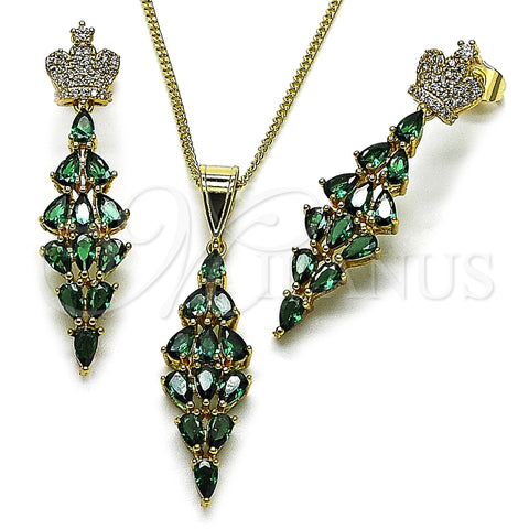 Oro Laminado Earring and Pendant Adult Set, Gold Filled Style Crown and Teardrop Design, with Green and White Cubic Zirconia, Polished, Golden Finish, 10.282.0024.2