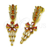 Oro Laminado Long Earring, Gold Filled Style Flower and Baguette Design, with Garnet and White Cubic Zirconia, Polished, Golden Finish, 02.282.0115