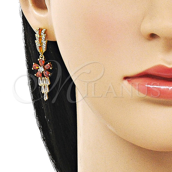 Gold Filled Ring — Long Earring Flower and Baguette Design with Garnet — alternate product view — SKU 162962 | Oro Laminado anillo — largo Earring flor and Baguette diseño with Garnet — SKU 162962