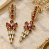 Oro Laminado Long Earring, Gold Filled Style Flower and Baguette Design, with Garnet and White Cubic Zirconia, Polished, Golden Finish, 02.282.0115