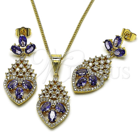 Oro Laminado Earring and Pendant Adult Set, Gold Filled Style Heart Design, with Amethyst and White Cubic Zirconia, Polished, Golden Finish, 10.282.0025