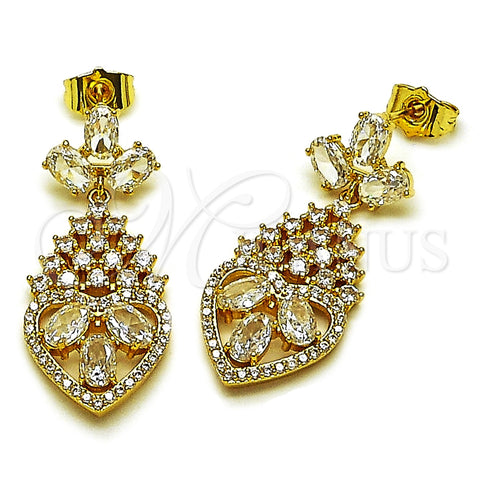Oro Laminado Long Earring, Gold Filled Style Teardrop and Heart Design, with White Cubic Zirconia, Polished, Golden Finish, 02.282.0104.3