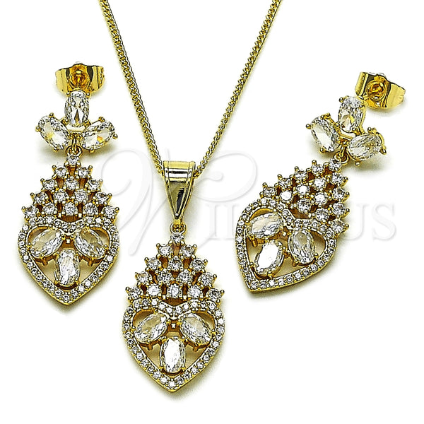 Oro Laminado Earring and Pendant Adult Set, Gold Filled Style Heart and Teardrop Design, with White Cubic Zirconia, Polished, Golden Finish, 10.282.0025.1
