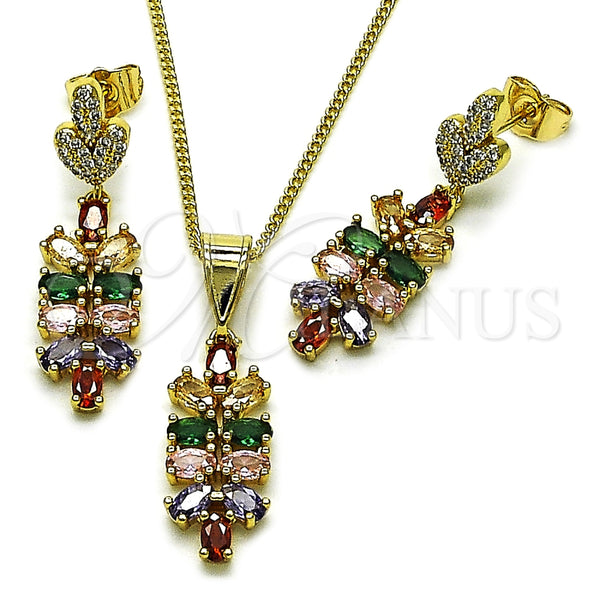 Oro Laminado Earring and Pendant Adult Set, Gold Filled Style Leaf Design, with Multicolor Cubic Zirconia and White Micro Pave, Polished, Golden Finish, 10.282.0026