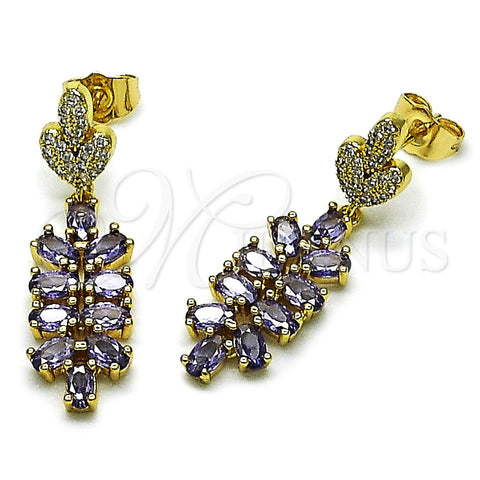 Oro Laminado Long Earring, Gold Filled Style Heart Design, with White Micro Pave and Amethyst Cubic Zirconia, Polished, Golden Finish, 02.282.0075.1