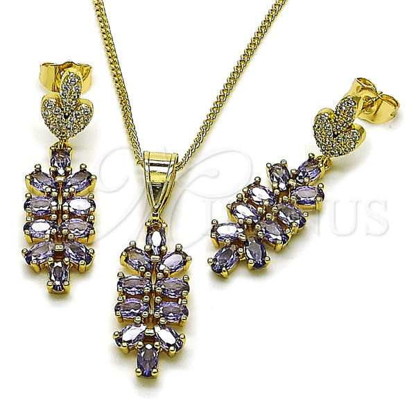 Oro Laminado Earring and Pendant Adult Set, Gold Filled Style Leaf Design, with White Micro Pave and Amethyst Cubic Zirconia, Polished, Golden Finish, 10.282.0026.1