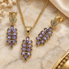 Oro Laminado Earring and Pendant Adult Set, Gold Filled Style Leaf Design, with White Micro Pave and Amethyst Cubic Zirconia, Polished, Golden Finish, 10.282.0026.1