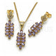 Juego de Arete y Dije de Adulto 10.282.0026.1 Oro Laminado, Diseño de Oja, con Micro Pave Blanca y Zirconia Cubica Amatista, Pulido, Tono Dorado