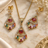 Oro Laminado Earring and Pendant Adult Set, Gold Filled Style Heart and Baguette Design, with Multicolor and Garnet Cubic Zirconia, Polished, Golden Finish, 10.282.0027