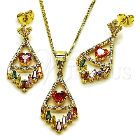 Oro Laminado Earring and Pendant Adult Set, Gold Filled Style Heart and Baguette Design, with Multicolor and Garnet Cubic Zirconia, Polished, Golden Finish, 10.282.0027