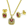 Oro Laminado Earring and Pendant Adult Set, Gold Filled Style Cluster Design, with White Micro Pave and Ruby Cubic Zirconia, Polished, Golden Finish, 10.196.0183.2