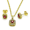 Oro Laminado Earring and Pendant Adult Set, Gold Filled Style Cluster Design, with White Micro Pave and Ruby Cubic Zirconia, Polished, Golden Finish, 10.196.0183.2