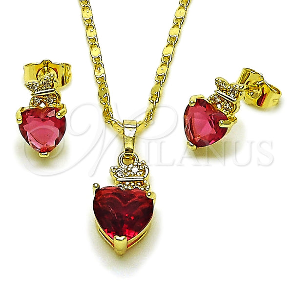 Oro Laminado Earring and Pendant Adult Set, Gold Filled Style Heart and Butterfly Design, with Ruby and White Cubic Zirconia, Polished, Golden Finish, 10.196.0166.1
