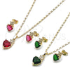 Oro Laminado Earring and Pendant Adult Set, Gold Filled Style Heart and Butterfly Design, with Ruby and White Cubic Zirconia, Polished, Golden Finish, 10.196.0166.1
