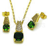 Oro Laminado Earring and Pendant Adult Set, Gold Filled Style with White Micro Pave and Green Cubic Zirconia, Polished, Golden Finish, 10.196.0171.2