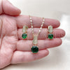 Oro Laminado Earring and Pendant Adult Set, Gold Filled Style with White Micro Pave and Green Cubic Zirconia, Polished, Golden Finish, 10.196.0171.2