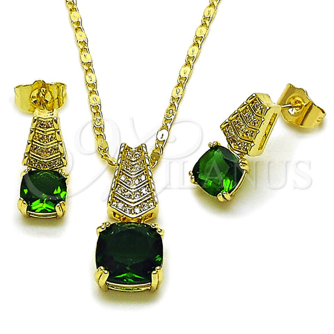 Oro Laminado Earring and Pendant Adult Set, Gold Filled Style with White Micro Pave and Green Cubic Zirconia, Polished, Golden Finish, 10.196.0171.2
