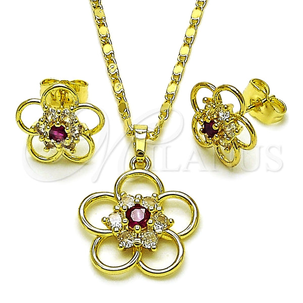 Oro Laminado Earring and Pendant Adult Set, Gold Filled Style Flower Design, with White and Ruby Cubic Zirconia, Polished, Golden Finish, 10.196.0167.1