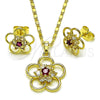 Oro Laminado Earring and Pendant Adult Set, Gold Filled Style Flower Design, with White and Ruby Cubic Zirconia, Polished, Golden Finish, 10.196.0167.1