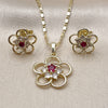 Oro Laminado Earring and Pendant Adult Set, Gold Filled Style Flower Design, with White and Ruby Cubic Zirconia, Polished, Golden Finish, 10.196.0167.1