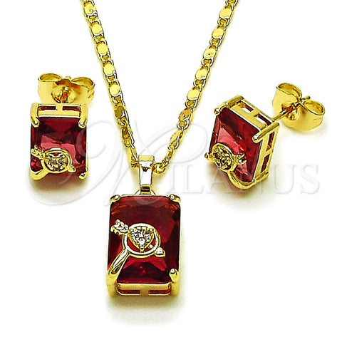 Oro Laminado Earring and Pendant Adult Set, Gold Filled Style Heart and Arrow Design, with White and Ruby Cubic Zirconia, Polished, Golden Finish, 10.196.0169.1