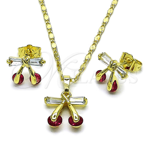 Oro Laminado Earring and Pendant Adult Set, Gold Filled Style Cherry Design, with Ruby and White Cubic Zirconia, Polished, Golden Finish, 10.196.0198