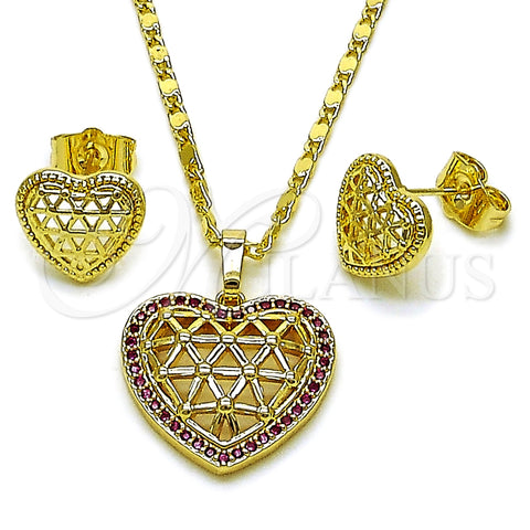 Oro Laminado Earring and Pendant Adult Set, Gold Filled Style Heart and Filigree Design, with Ruby Cubic Zirconia, Polished, Golden Finish, 10.196.0199