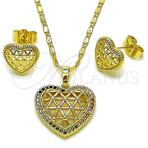 Oro Laminado Earring and Pendant Adult Set, Gold Filled Style Heart and Filigree Design, with Multicolor Cubic Zirconia, Polished, Golden Finish, 10.196.0199.1