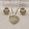 Oro Laminado Earring and Pendant Adult Set, Gold Filled Style Heart and Filigree Design, with Multicolor Cubic Zirconia, Polished, Golden Finish, 10.196.0199.1