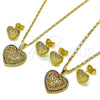 Oro Laminado Earring and Pendant Adult Set, Gold Filled Style Heart and Filigree Design, with Multicolor Cubic Zirconia, Polished, Golden Finish, 10.196.0199.1