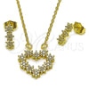 Oro Laminado Earring and Pendant Adult Set, Gold Filled Style Heart and Flower Design, with White Cubic Zirconia, Polished, Golden Finish, 10.196.0200