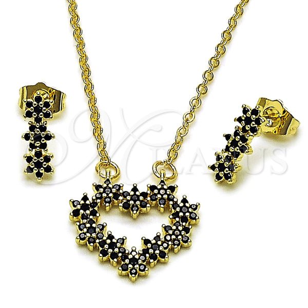 Oro Laminado Earring and Pendant Adult Set, Gold Filled Style Heart and Flower Design, with Black Cubic Zirconia, Polished, Golden Finish, 10.196.0200.1