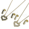 Oro Laminado Earring and Pendant Adult Set, Gold Filled Style Heart and Flower Design, with Black Cubic Zirconia, Polished, Golden Finish, 10.196.0200.1