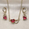 Oro Laminado Earring and Pendant Adult Set, Gold Filled Style Heart Design, with Ruby Cubic Zirconia and White Micro Pave, Polished, Golden Finish, 10.196.0201