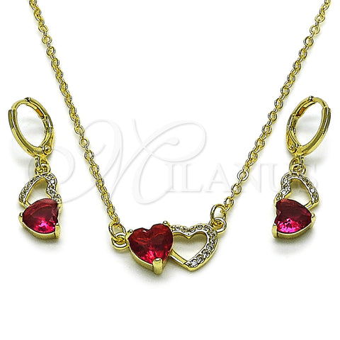 Oro Laminado Earring and Pendant Adult Set, Gold Filled Style Heart Design, with Ruby Cubic Zirconia and White Micro Pave, Polished, Golden Finish, 10.196.0201