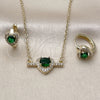 Oro Laminado Earring and Pendant Adult Set, Gold Filled Style Heart and Cluster Design, with Green and White Cubic Zirconia, Polished, Golden Finish, 10.196.0202