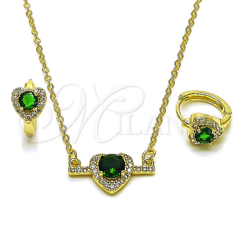 Oro Laminado Earring and Pendant Adult Set, Gold Filled Style Heart and Cluster Design, with Green and White Cubic Zirconia, Polished, Golden Finish, 10.196.0202