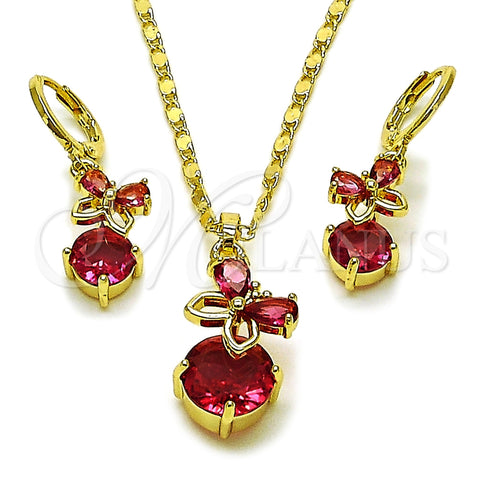 Oro Laminado Earring and Pendant Adult Set, Gold Filled Style Butterfly Design, with Ruby Cubic Zirconia, Polished, Golden Finish, 10.196.0203.1