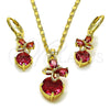 Oro Laminado Earring and Pendant Adult Set, Gold Filled Style Butterfly Design, with Ruby Cubic Zirconia, Polished, Golden Finish, 10.196.0203.1
