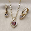 Oro Laminado Earring and Pendant Adult Set, Gold Filled Style Heart and Cluster Design, with Garnet and White Cubic Zirconia, Polished, Golden Finish, 10.196.0204