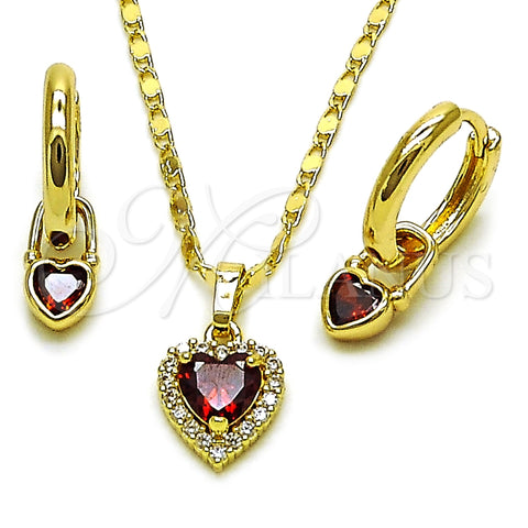Oro Laminado Earring and Pendant Adult Set, Gold Filled Style Heart and Cluster Design, with Garnet and White Cubic Zirconia, Polished, Golden Finish, 10.196.0204