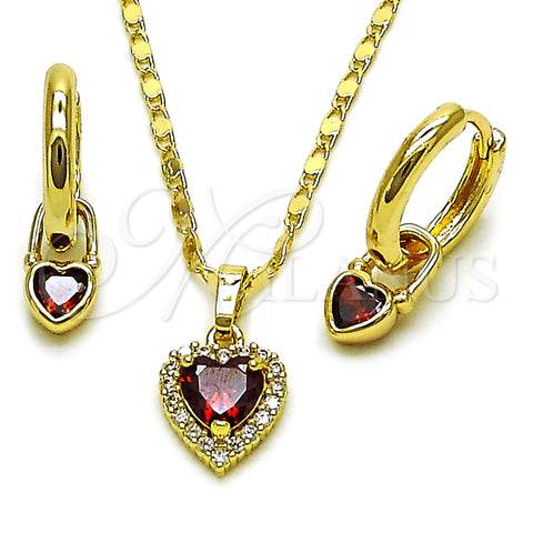 Oro Laminado Earring and Pendant Adult Set, Gold Filled Style Heart and Cluster Design, with Garnet and White Cubic Zirconia, Polished, Golden Finish, 10.196.0204