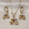 Oro Laminado Earring and Pendant Adult Set, Gold Filled Style Flower and Butterfly Design, with Multicolor Cubic Zirconia, Polished, Golden Finish, 10.196.0205
