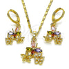 Oro Laminado Earring and Pendant Adult Set, Gold Filled Style Flower and Butterfly Design, with Multicolor Cubic Zirconia, Polished, Golden Finish, 10.196.0205