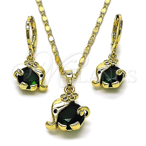 Oro Laminado Earring and Pendant Adult Set, Gold Filled Style Elephant and Flower Design, with Green and White Cubic Zirconia, Polished, Golden Finish, 10.196.0206