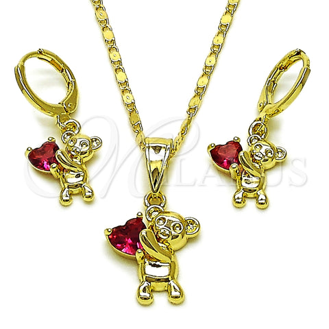 Oro Laminado Earring and Pendant Adult Set, Gold Filled Style Teddy Bear and Heart Design, with Ruby Cubic Zirconia, Polished, Golden Finish, 10.196.0207