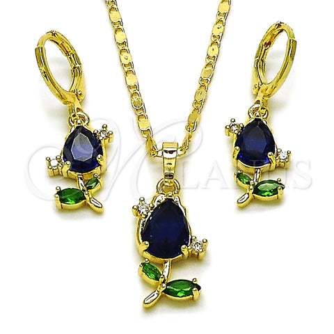 Oro Laminado Earring and Pendant Adult Set, Gold Filled Style Flower Design, with Sapphire Blue and Green Cubic Zirconia, Polished, Golden Finish, 10.196.0208
