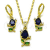Oro Laminado Earring and Pendant Adult Set, Gold Filled Style Flower Design, with Sapphire Blue and Green Cubic Zirconia, Polished, Golden Finish, 10.196.0208